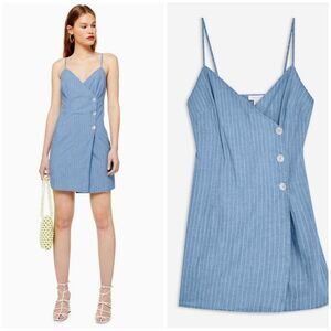 Topshop Chambray Denim Mini Dress Pin Striped Button Cami Wrap 6 Women Blue